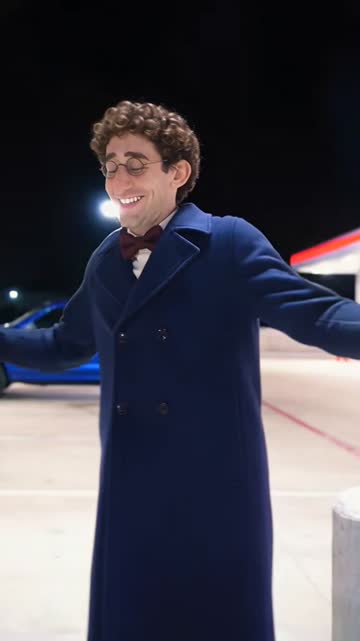 Percy at a gas station at night, arms outstretched